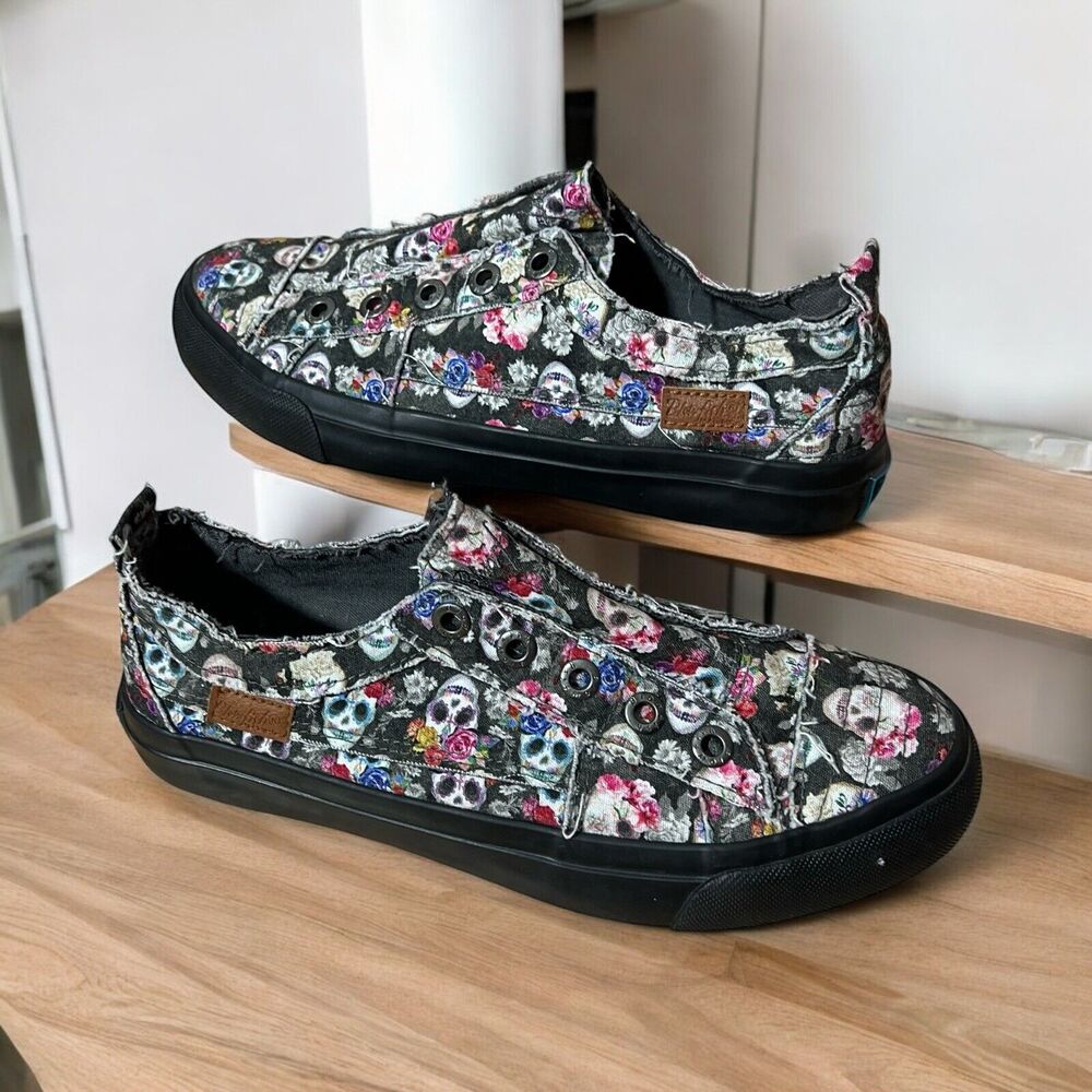 Blowfish Malibu Women's Play Comfort Black Sugar- Skull Canvas Slip On Sneakers